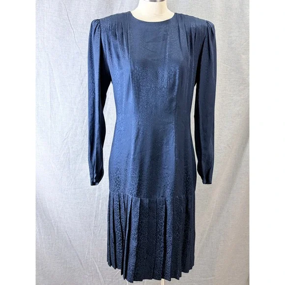 Argenti Vintage 80s Silk Leopard Jacquard Drop Waist Dress Navy 10 Dark Academia - Picture 1 of 8
